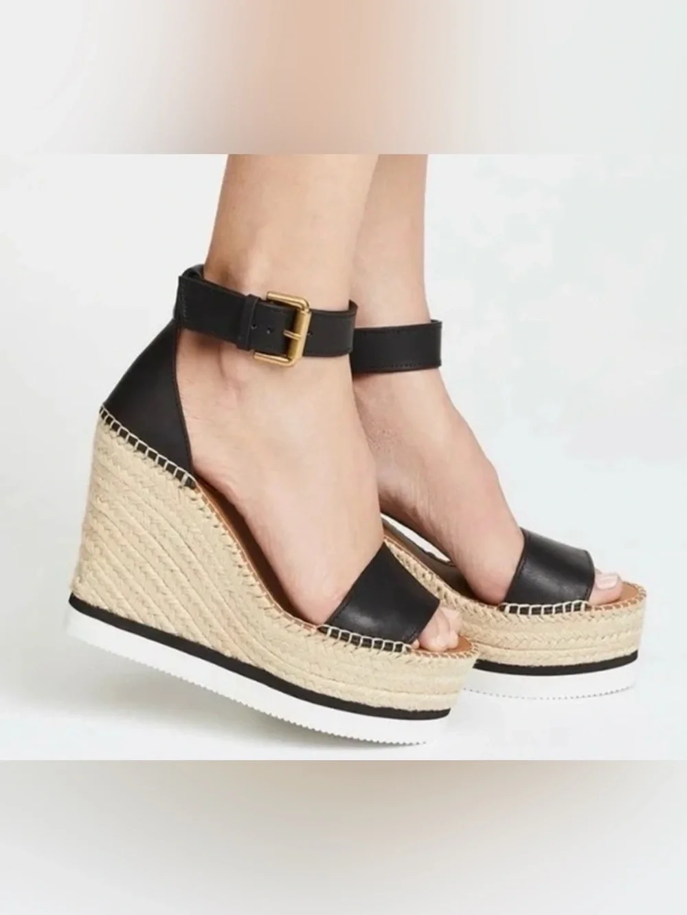 See By Chloé Glyn Black Leather Espadrille Wedge Sandals Size 8 / 38